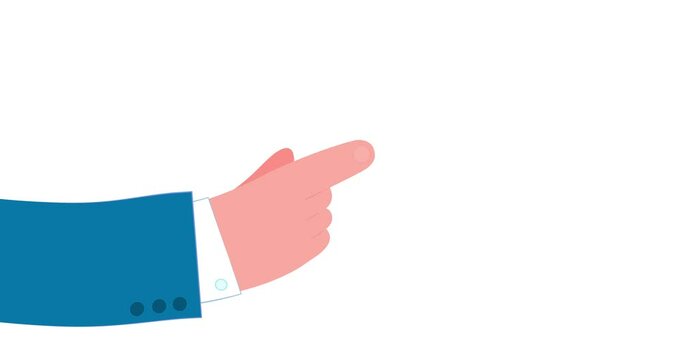 Human palm with forefinger pointing isolated. Cartoon animated businessman character hand with transparency. Business explainer flat design people serie movie video.