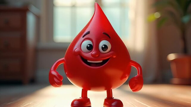 Animated, happy red blood drop character with arms and legs standing indoors
