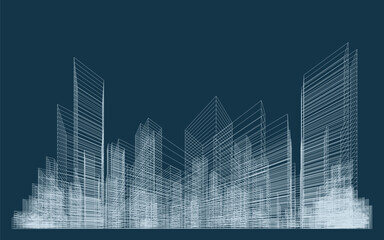 3D wireframe perspective of building. Abstract wireframe city background for template design. Vector illustration.