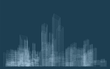 3D wireframe perspective of building. Abstract wireframe city background for template design. Vector illustration.