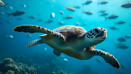 Fototapeta premium Sea turtle facing forward with flippers spread