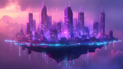 Encrypted Data Streams Floating Digital Cityscape with Polygonal Architecture Low Poly Art
