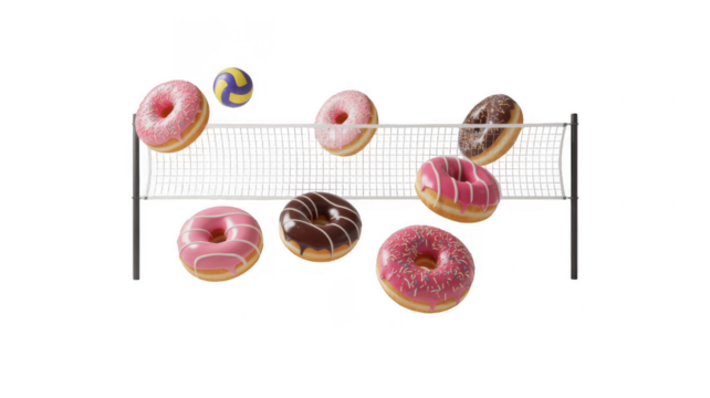 Colorful donuts engaging in a lively game of volleyball, bouncing a vibrant ball over a net against a transparent background, creating a playful and whimsical scene