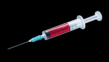 Syringe filled with red liquid, angled