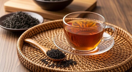 Beautifully composed image of amber-colored tea, dried leaves, and natural textures.

