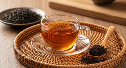 Classic black tea display, highlighting the rich hue and raw tea ingredients.

