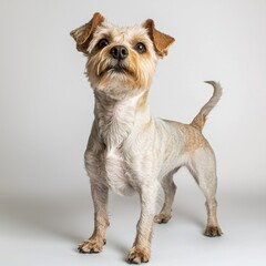 Adorable small mixed breed dog with scruffy hair, alert expression, standing on white background, looking directly at camera, playful and friendly pet