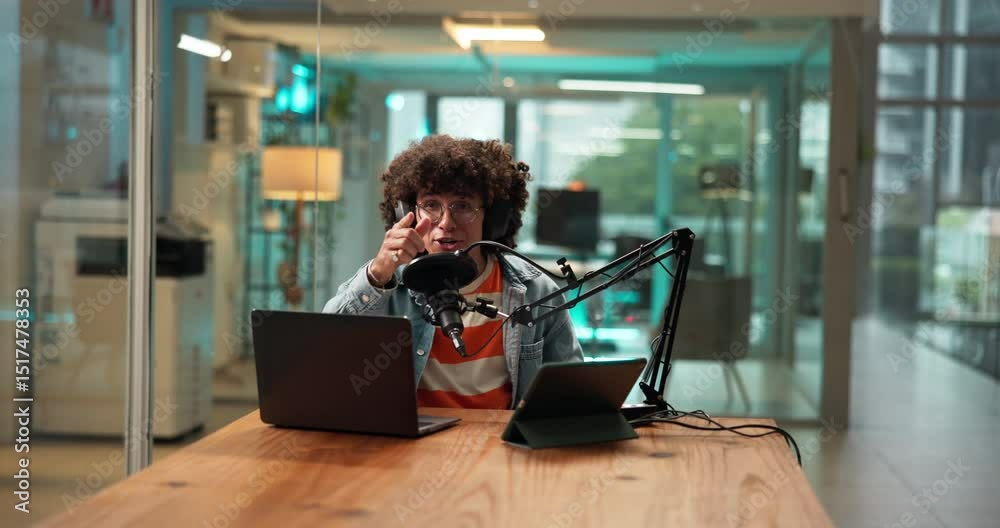 Poster radio, broadcast and man with mic, talking and live streaming of audio communication and production.