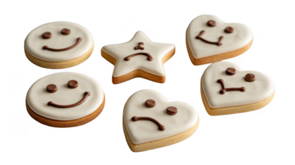 Round, heart shaped, and star shaped cookies decorated with happy and sad faces using white icing and chocolate chips create a playful assortment on a transparent background