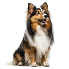 Adorable Shetland Sheepdog sitting on a white background with attentive expression and fluffy fur, showcasing a friendly and ligent herding dog breed in studio shot