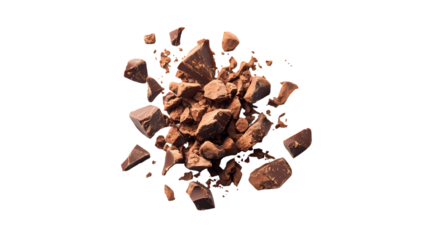 A heap of dark chocolate chunks and smaller pieces scattered on a stark surface isolated on transparent background