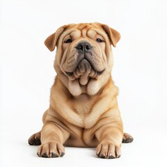 Adorable Shar Pei puppy with wrinkled skin sitting on white background looking curious and relaxed in a studio environment perfect for pet and animal lovers