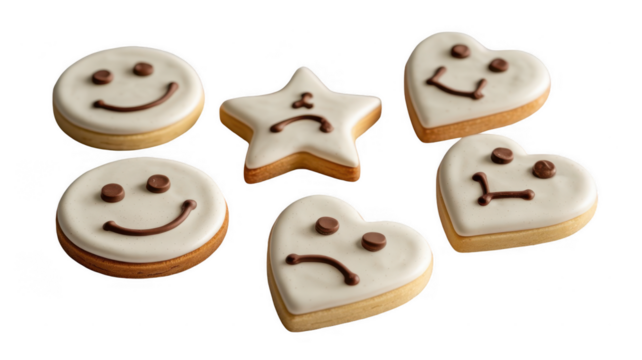 Round, heart shaped, and star shaped cookies decorated with happy and sad faces using white icing and chocolate chips create a playful assortment on a transparent background