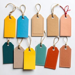 flat lay of colorful shopping tags, price labels, and discount stickers on a white background, minimal design.