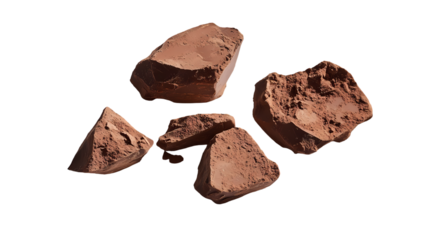 A still life of several chunks of reddish brown clay in a setting isolated on transparent background