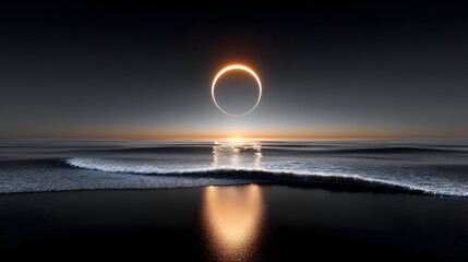 Cosmic solar eclipse over tranquil ocean horizon