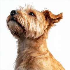 Close-up of a fluffy terrier dog with expressive eyes and alert ears looking upward against a plain white background, showcasing detailed fur and gentle expression