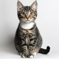 Adorable young tabby cat sitting on a white background looking directly at the camera with alert eyes and a curious expression, detailed fur pattern and soft lighting