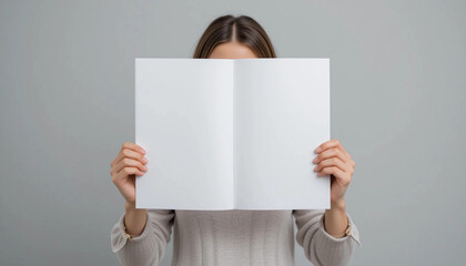 Woman holding brochure with blank pages on grey background.
