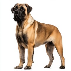 Large muscular Mastiff dog standing alertly with a calm expression on a plain background showcasing its strong build and distinctive facial features