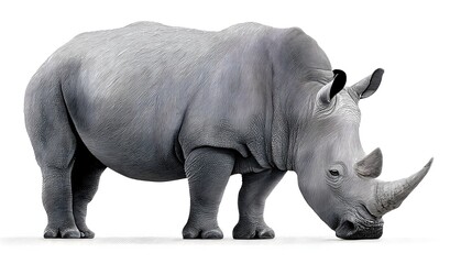 Obraz premium A large, powerful rhinoceros stands in profile against a plain background. long_title:A majestic, black and white rhinoceros with a prominent horn