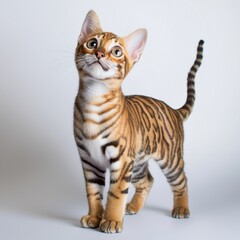 Adorable Bengal kitten with distinctive striped coat and bright curious eyes standing on white background in a playful pose