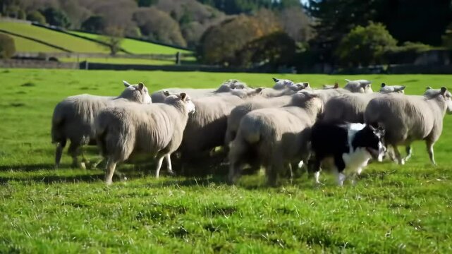 Sheep herded by border collie outdoors