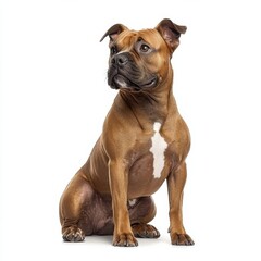 Adorable and alert brown and white Stafshire Bull Terrier puppy sitting attentively on a plain white background with a curious expression and glossy coat
