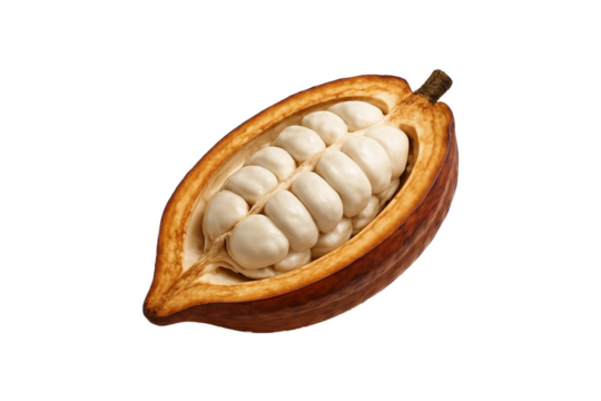 Fresh cacao pod cut in half showing white cocoa beans inside, isolated on transparent background. Perfect for food, beverage, and natural ingredient design concepts, clipping path