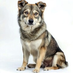 Adorable and alert mixed breed dog with fluffy fur and expressive eyes sitting on a plain white background in a studio portrait