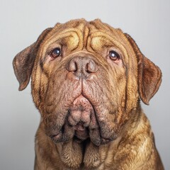 Close-up portrait of a large, muscular dog with expressive eyes and wrinkled skin, showcasing a breed with a broad head and powerful jaw on a plain neutral background