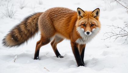 Red fox (Vulpes vulpes) pose with a bushy tail isolated against a white background hunting in the winter snow in Algonquin Park, Canada
