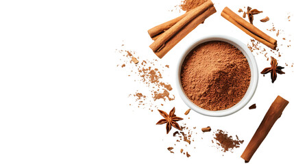 A top down view of cinnamon sticks, ground cinnamon and star anise surface isolated on transparent background