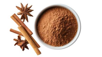 Cinnamon sticks and star anise with ground cinnamon in a white bowl shot isolated on transparent background