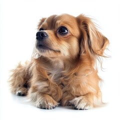 Adorable small long-haired dachshund puppy lying on a white background with a curious expression and glossy coat, captu the playful and affectionate nature of the breed