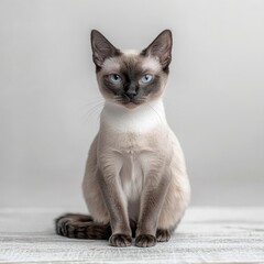 Elegant Siamese cat with striking blue eyes and sleek fur sitting on a light wooden surface against a plain white background