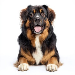 Friendly Bernese Mountain Dog puppy sitting on white background with happy expression, showcasing adorable young dog with thick black, brown, and white fur, cute face, and attentive eyes