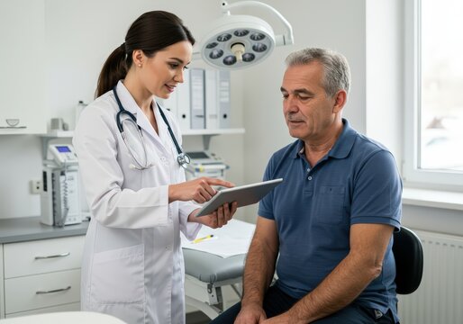 Woman doctor helping senior man with medical consultation in clinic. Physician showing patient digital data on tablet device.