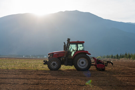 Tractor in farmland at sunrise - Powered by Adobe