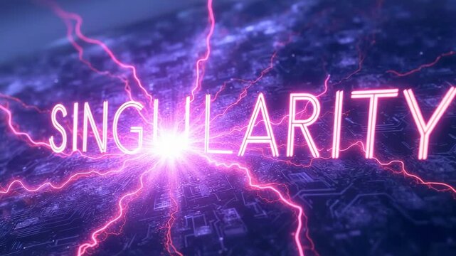 Abstract representation of a technological singularity with vibrant energy and glowing text effects