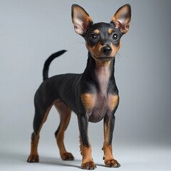 Small Toy Terrier Puppy Standing on Gray Background with Alert Curious Expression and Erect Ears Showing Playful and Energetic Animal Portrait