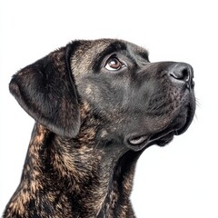 Close-up portrait of a brindle dog with expressive eyes looking upwards isolated on white background illustrating curiosity and alertness