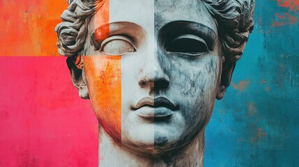 Half-colored classical marble statue with vibrant background