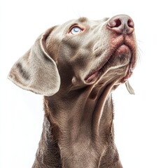 Close-up of a Weimaraner dog with striking blue eyes looking upward against a white background, showcasing its short sleek coat and attentive expression