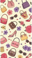 Naklejka premium Purses flowers accessories vector seamless pattern design