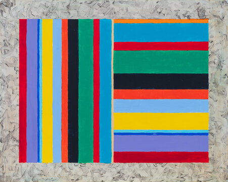 An abstract painting with grightly colored stripes.
