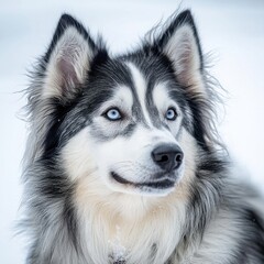 Close-up portrait of a beautiful Siberian Husky dog with bright blue eyes and a fluffy black and white coat, looking outdoors in a winter snowy landscape, detailed fur and expressive face