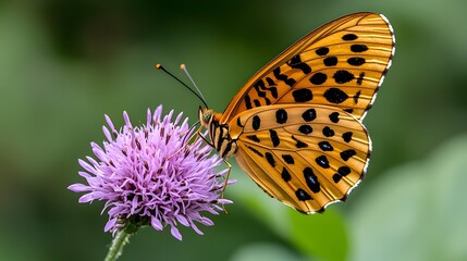 Obraz premium Golden Butterfly on Purple Flower Macro
