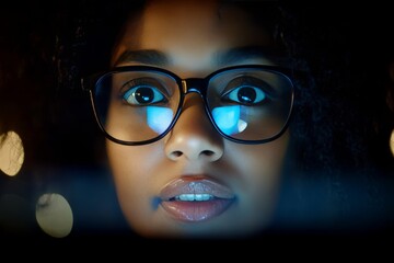 Engaged young woman with glasses focuses intently on screen during nighttime study session at home