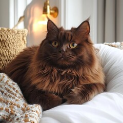 Cozy indoor scene with a long-haired brown cat relaxing on a bed in a sunlit bedroom with modern decor and soft pillows, creating a peaceful and inviting atmosphere